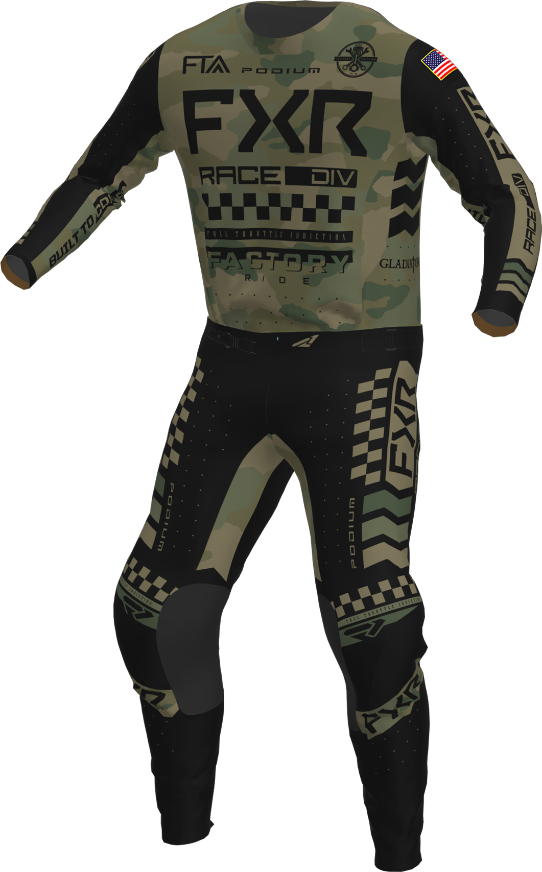 A 3D image of FXR's Podium Gladiator MX Jersey and Pant in USA Conquer Camo  colorway