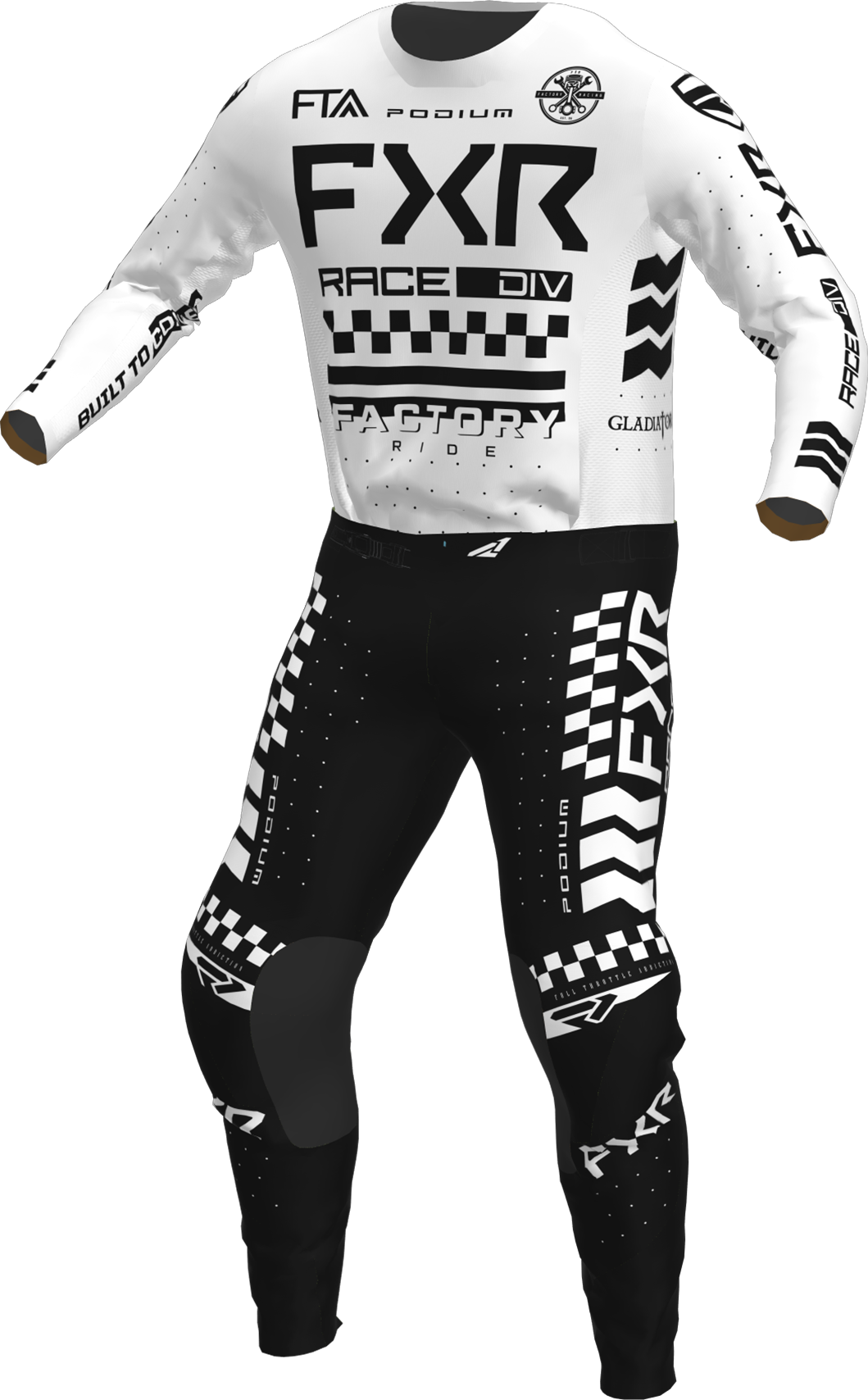 A 3D image of FXR's Podium Gladiator MX Jersey and Pant in White colorway