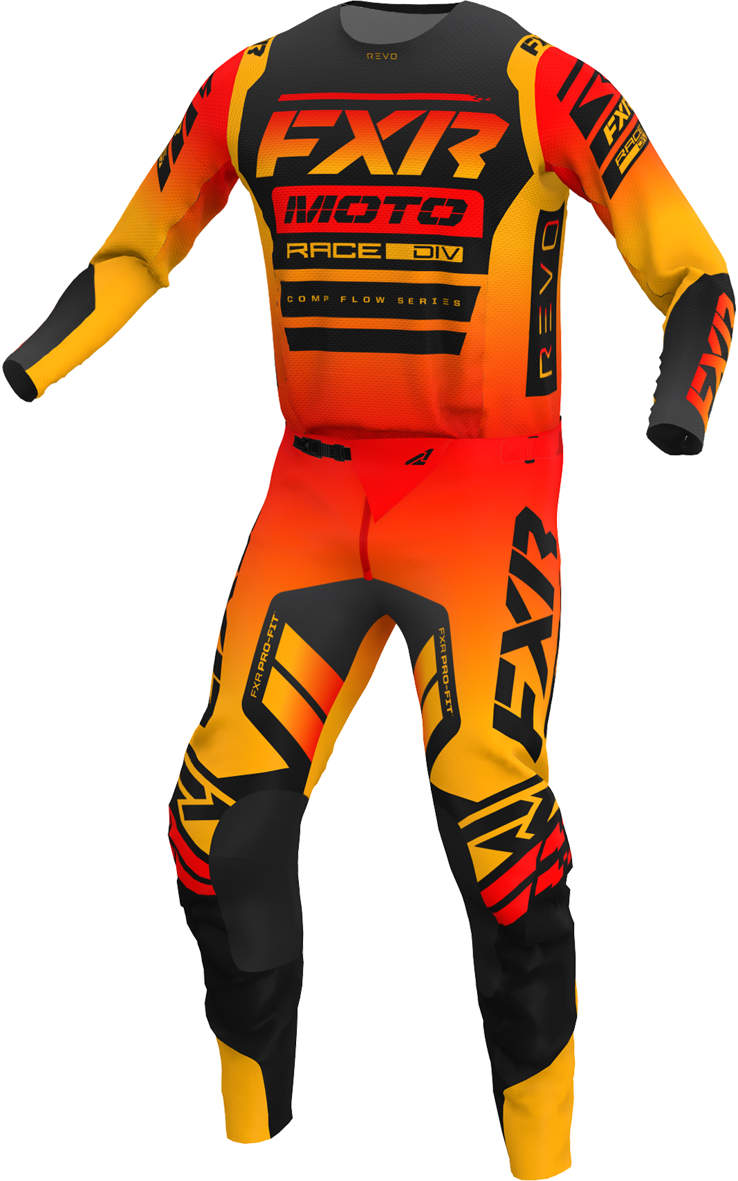 A 3D image of FXR's Revo Comp MX Jersey and Pant in Tequila Sunrise colorway