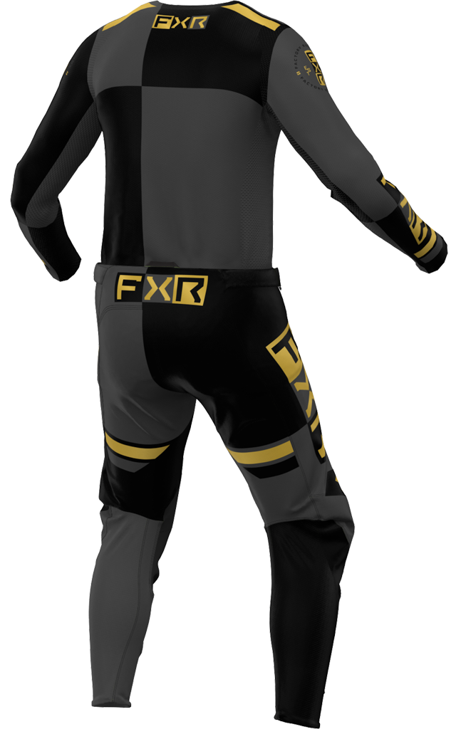 A 3D image of FXR's Battalion MX Jersey and Pant in Black/Char/Gold colorway