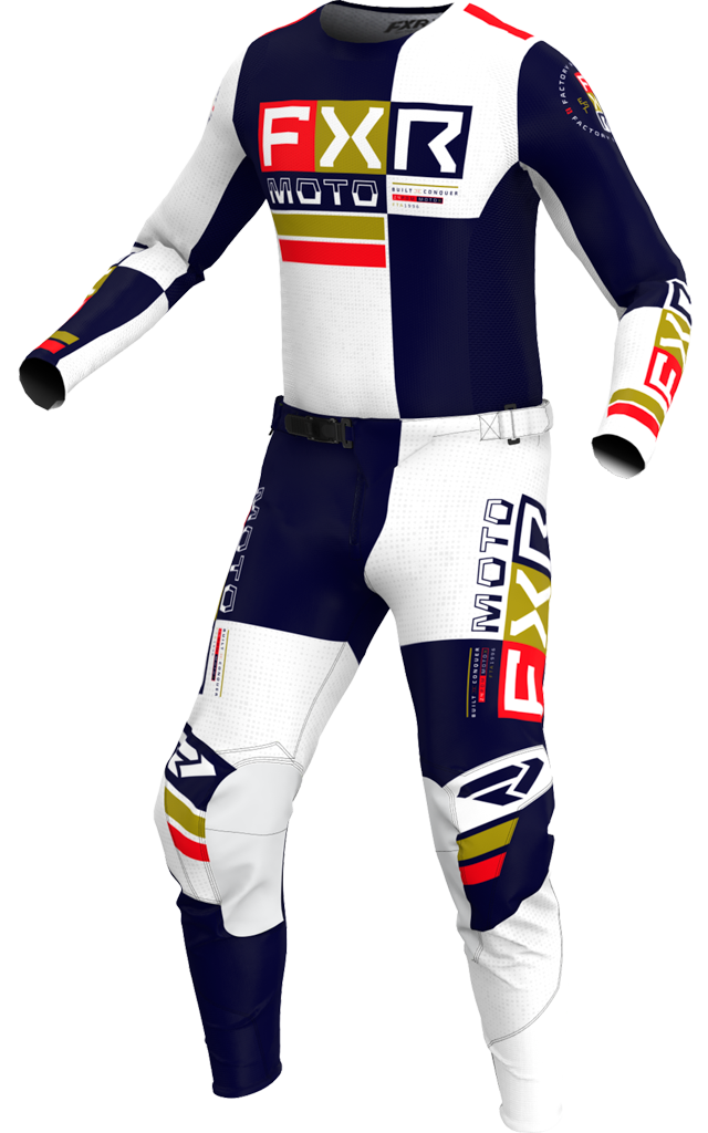 A 3D image of FXR's Battalion MX Jersey and Pant in Navy/White/Red colorway