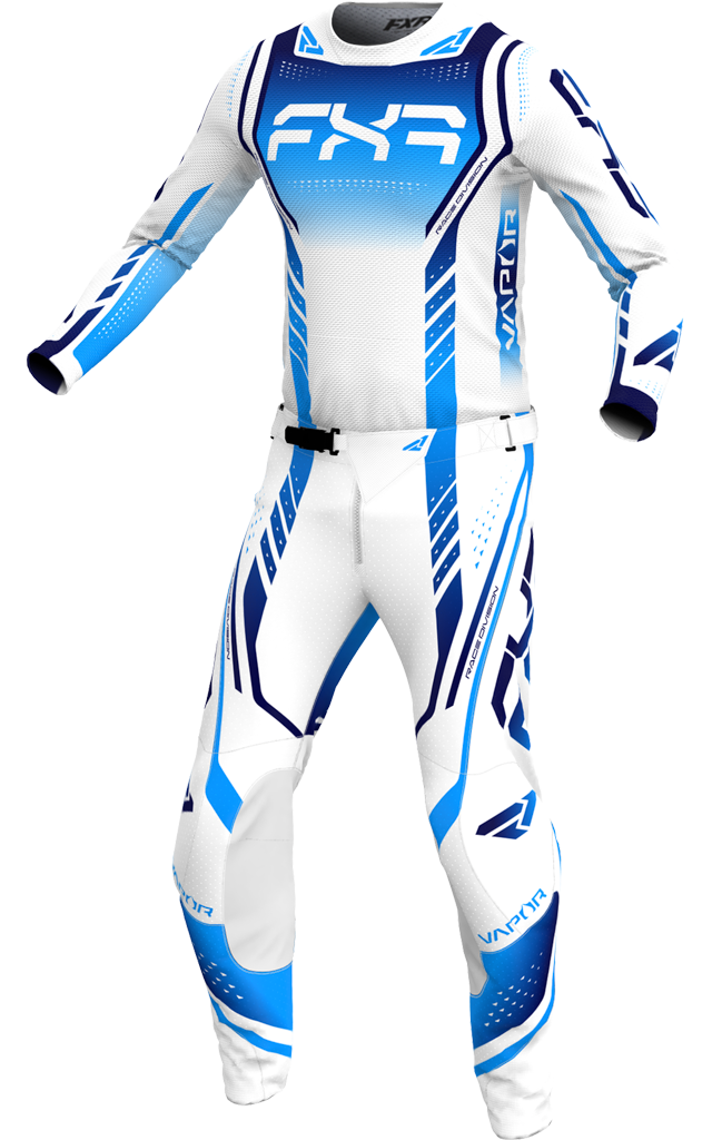 A 3D image of FXR's Vapor Air MX Jersey and Pant in Subzero colorway
