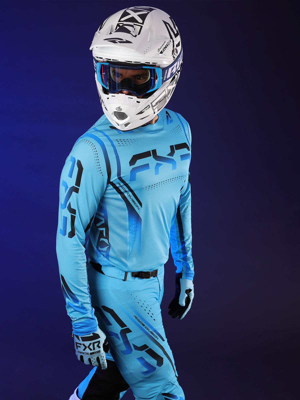 Studio shoot featuring a model sporting FXR's new MX Vapor kit