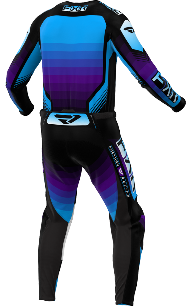 A 3D image of FXR's Clutch Pro MX Jersey and Pant in Black/Purple/Blue colorway