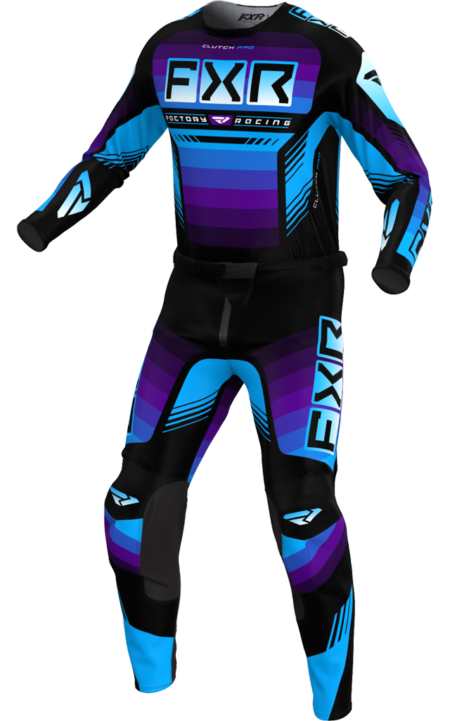 A 3D image of FXR's Clutch Pro MX Jersey and Pant in Black/Purple/Blue colorway