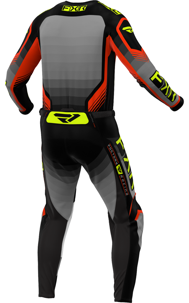 A 3D image of FXR's Clutch Pro MX Jersey and Pant in Grey/Nuke/Hi Vis colorway