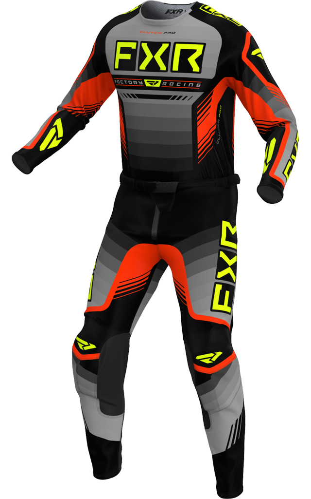 A 3D image of FXR's Clutch Pro MX Jersey and Pant in Grey/Nuke/Hi Vis colorway