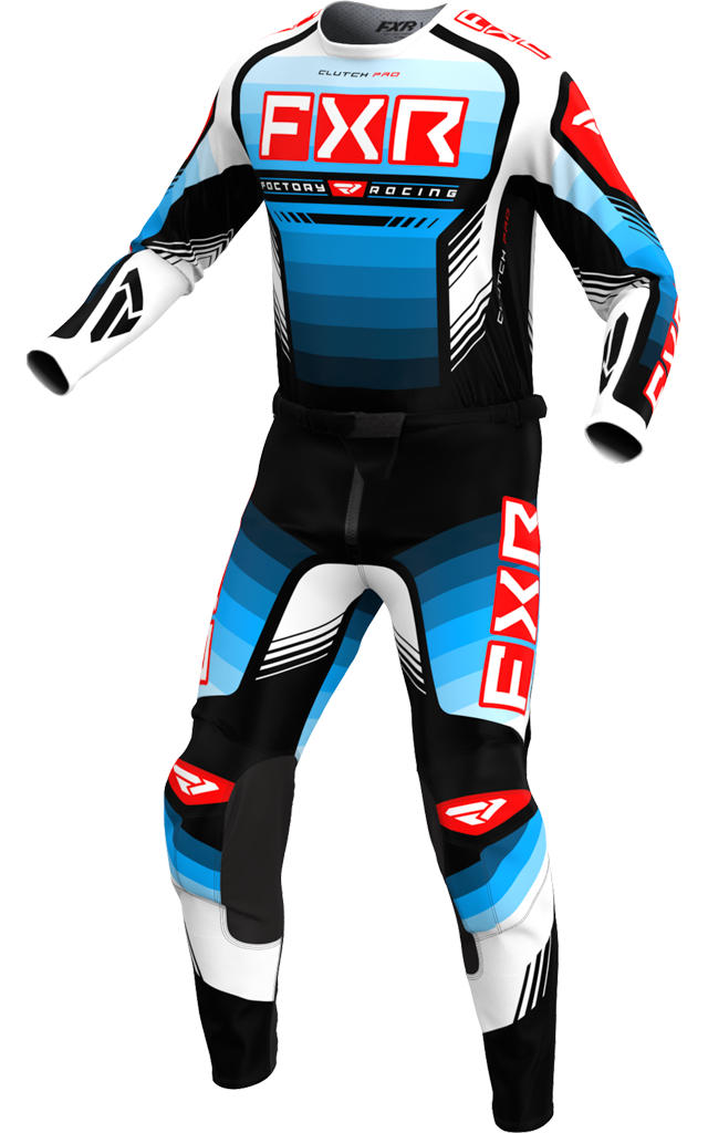 A 3D image of FXR's Clutch Pro MX Jersey and Pant in Blue/Red/Black colorway