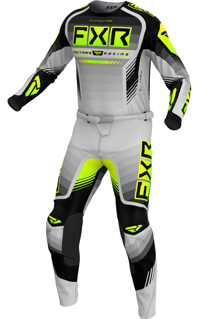 A 3D image of FXR's Clutch Pro MX Jersey and Pant in Grey/Hi Vis colorway