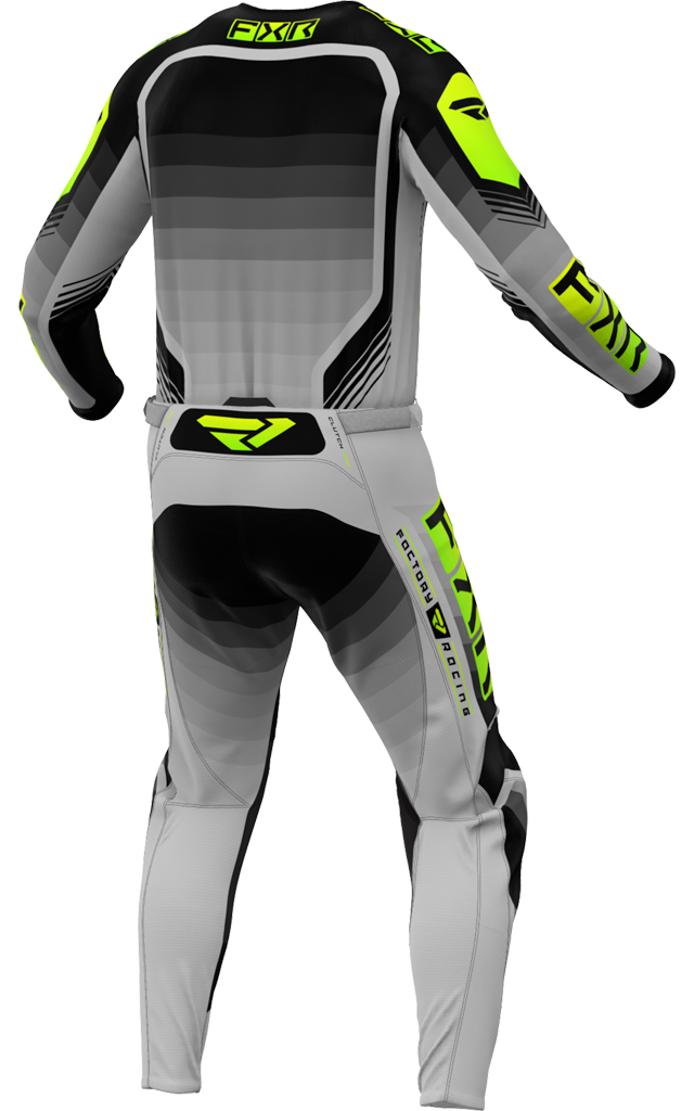 A 3D image of FXR's Clutch Pro MX Jersey and Pant in Grey/Hi Vis colorway