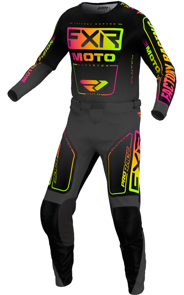 A 3D image of FXR's Clutch MX Jersey and Pant in Black/Sherbet colorway