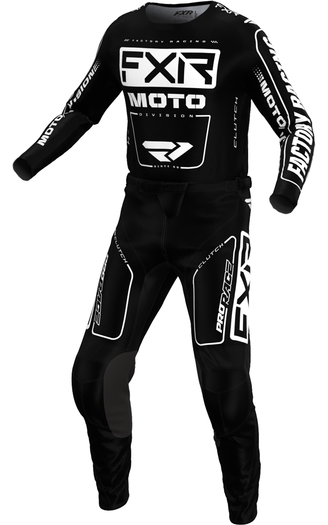 A 3D image of FXR's Clutch MX Jersey and Pant in Black/White colorway