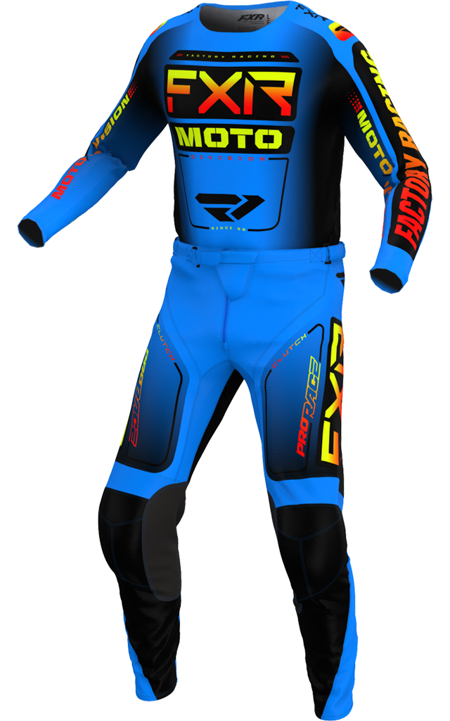 A 3D image of FXR's Clutch MX Jersey and Pant in Blue Inferno colorway