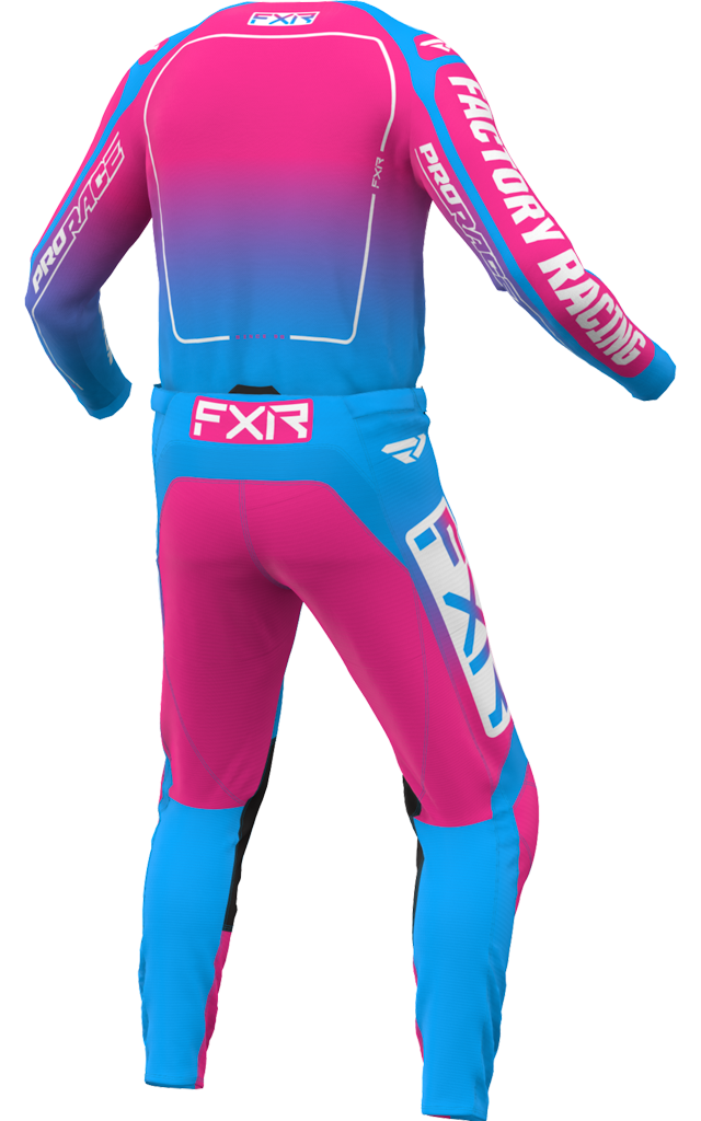 A 3D image of FXR's Clutch MX Jersey and Pant in Cyan/E-Pink colorway