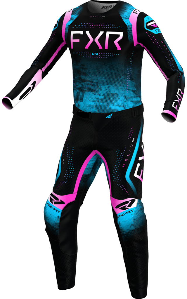 A 3D image of FXR's Helium MX Jersey and Pant in Circuit colorway
