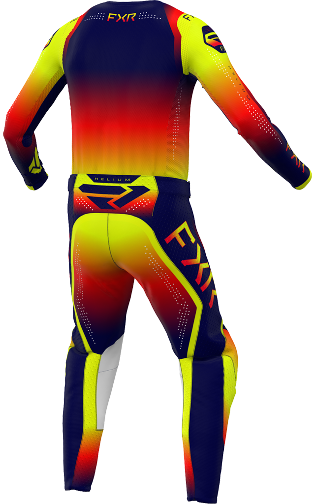 A 3D image of FXR's Helium MX Jersey and Pant in Flare colorway