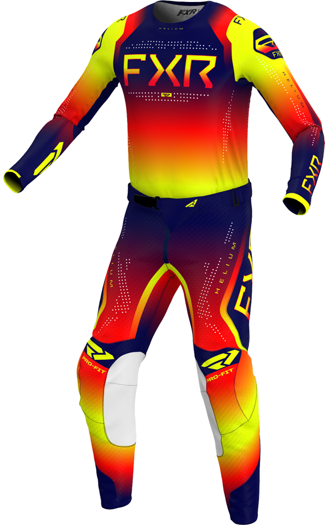 A 3D image of FXR's Helium MX Jersey and Pant in Flare colorway