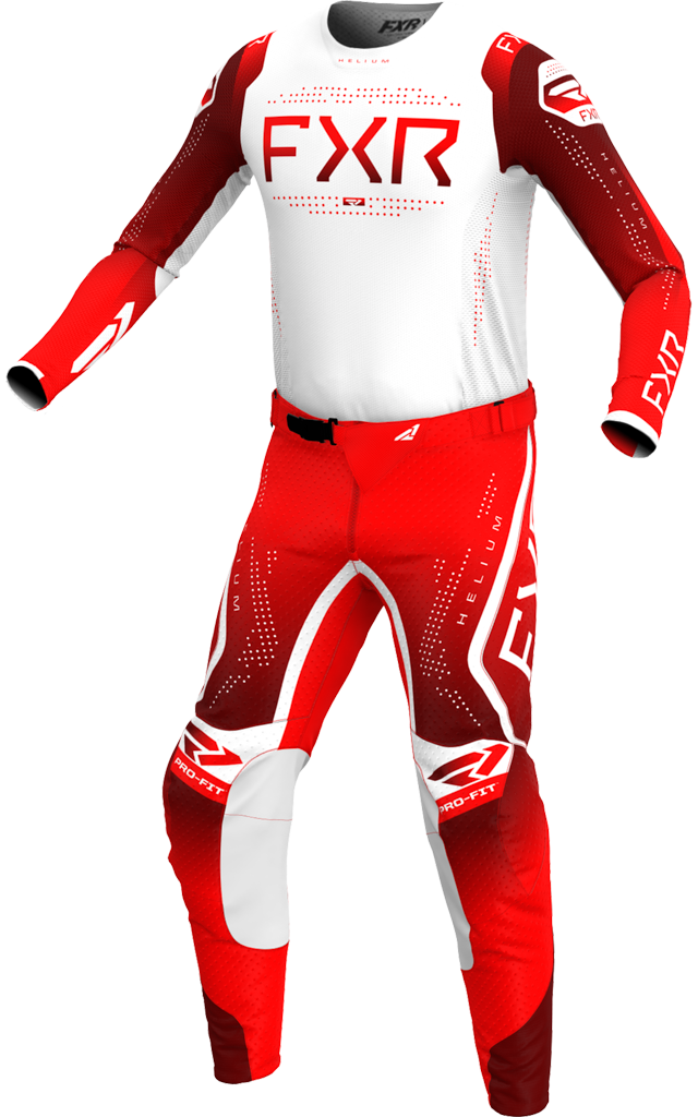 A 3D image of FXR's Helium MX Jersey and Pant in Red Dawn colorway