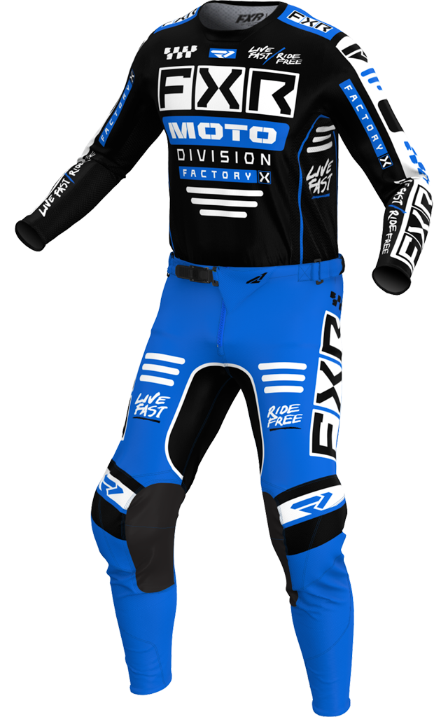 A 3D image of FXR's Podium Gladiator MX Jersey and Pant in Black/Blue colorway