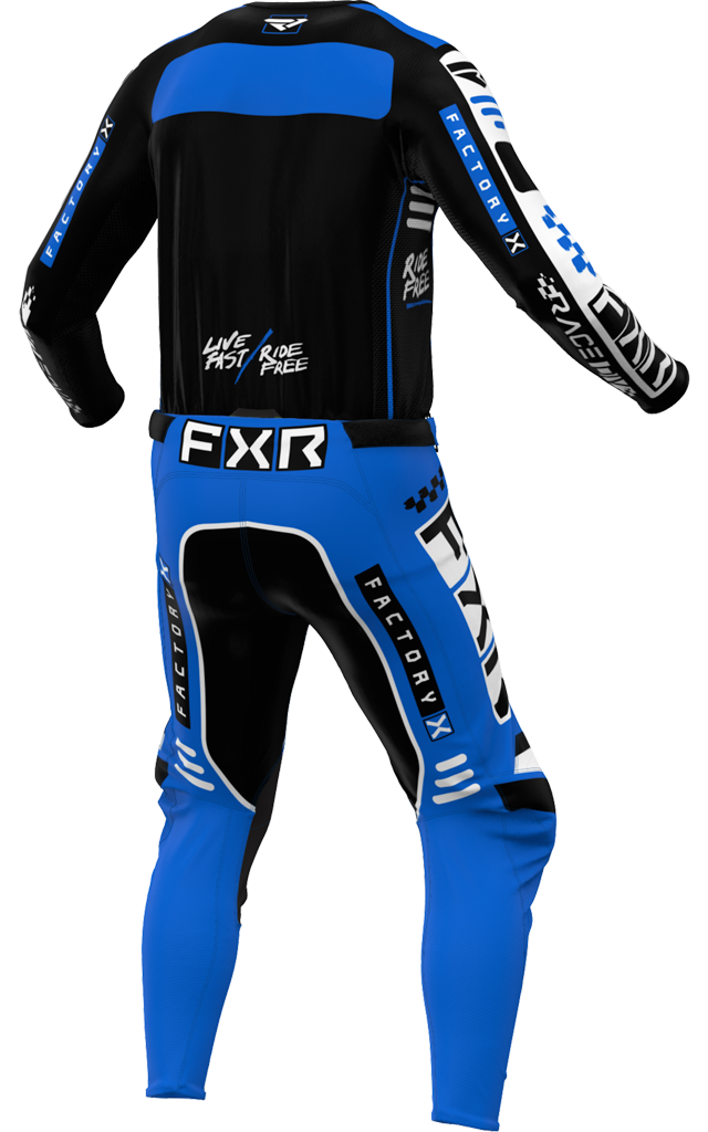 A 3D image of FXR's Podium Gladiator MX Jersey and Pant in Black/Bluec olorway