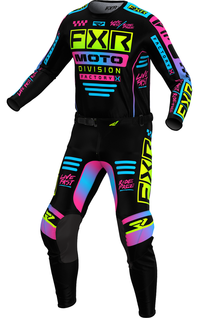 A 3D image of FXR's Podium Gladiator MX Jersey and Pant in Black/Candy colorway