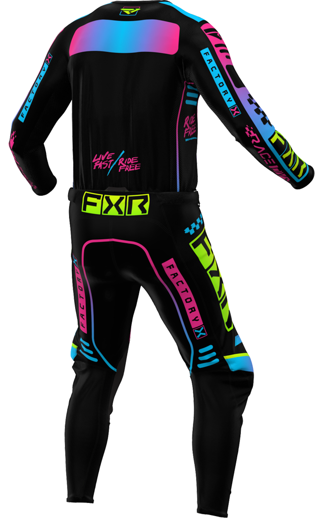 A 3D image of FXR's Podium Gladiator MX Jersey and Pant in Black/Candy colorway