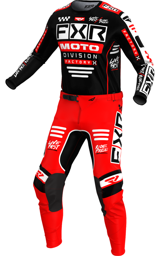 A 3D image of FXR's Podium Gladiator MX Jersey and Pant in Black/Red colorway