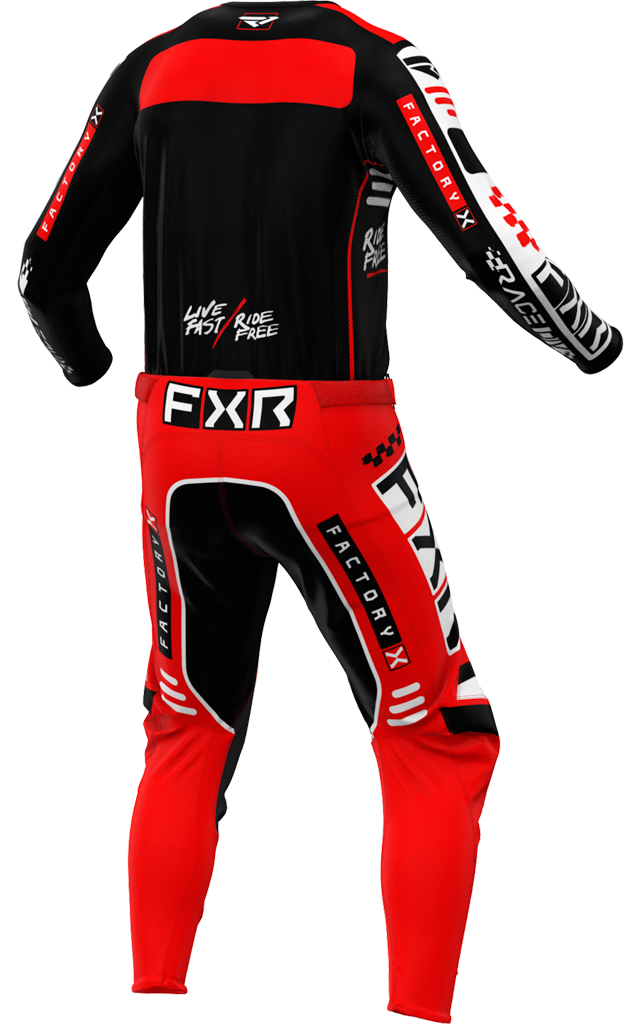 A 3D image of FXR's Podium Gladiator MX Jersey and Pant in Black/Redc olorway