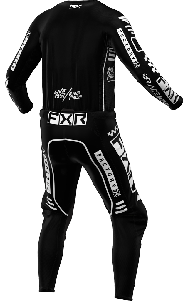 A 3D image of FXR's Podium Gladiator MX Jersey and Pant in Black/White colorway