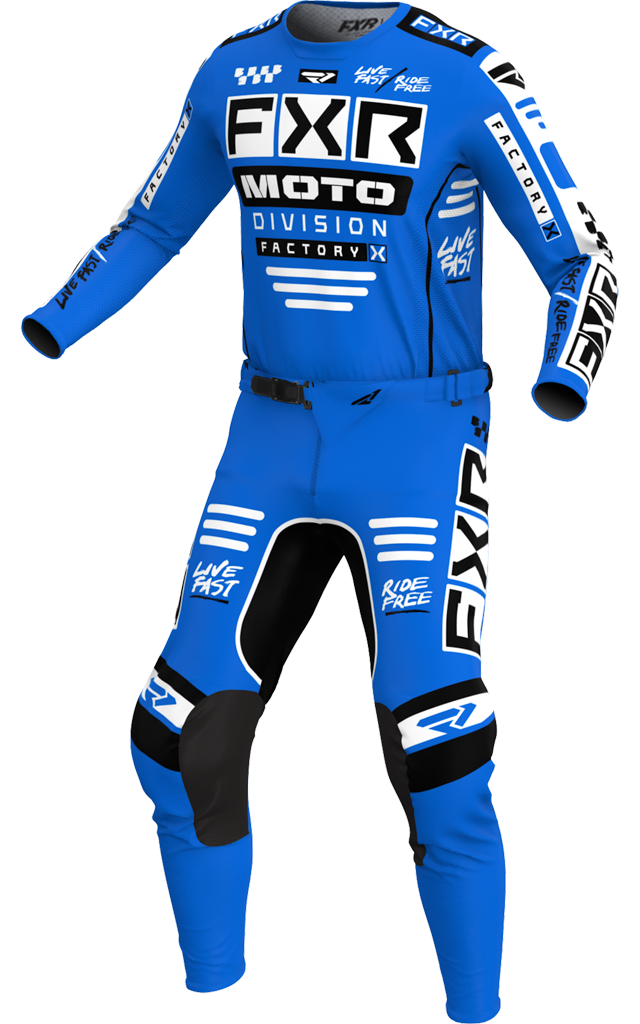 A 3D image of FXR's Podium Gladiator MX Jersey and Pant in Blue/Black colorway