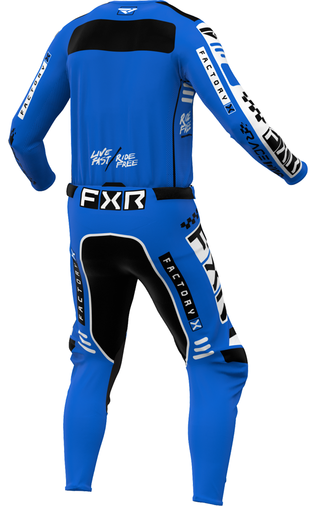 A 3D image of FXR's Podium Gladiator MX Jersey and Pant in Blue/Black c olorway
