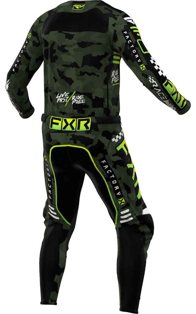 A 3D image of FXR's Podium Gladiator MX Jersey and Pant in Camo colorway