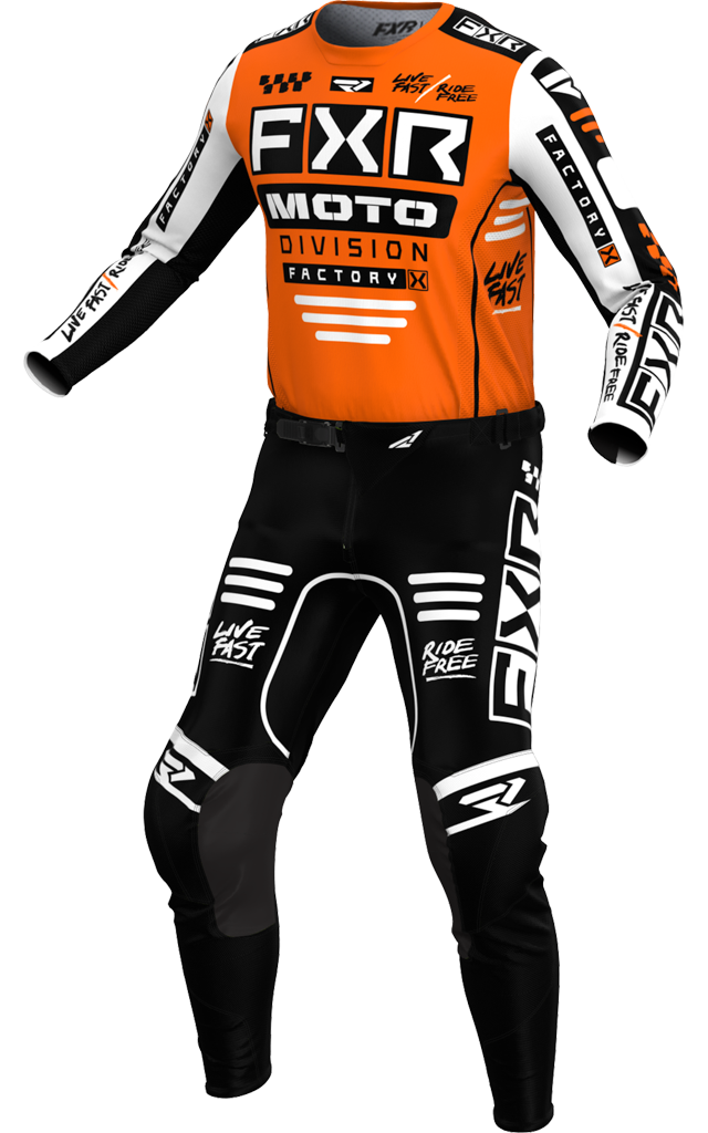 A 3D image of FXR's Podium Gladiator MX Jersey and Pant in Orange/White colorway