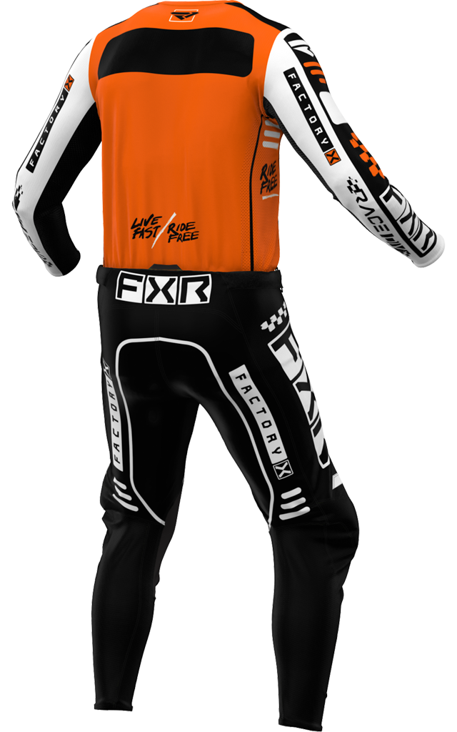 A 3D image of FXR's Podium Gladiator MX Jersey and Pant in Orange/White colorway