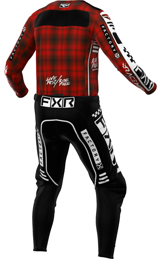 A 3D image of FXR's Podium Gladiator MX Jersey and Pant in Red Plaid colorway