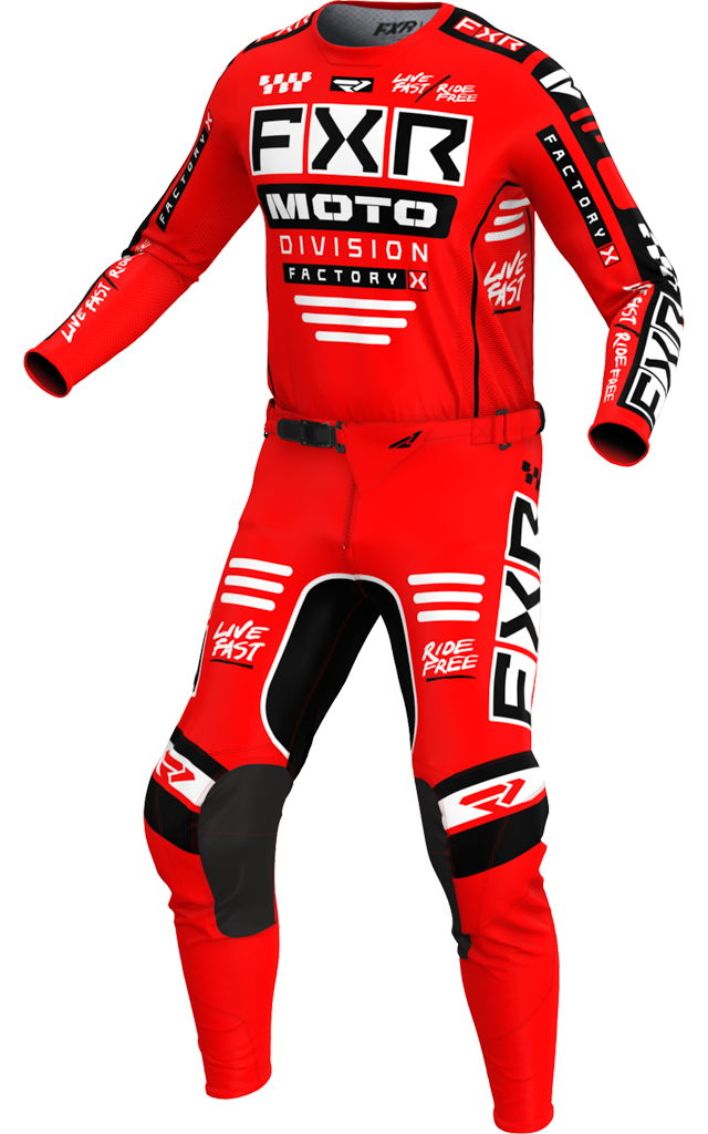 A 3D image of FXR's Podium Gladiator MX Jersey and Pant in Red/Black colorway