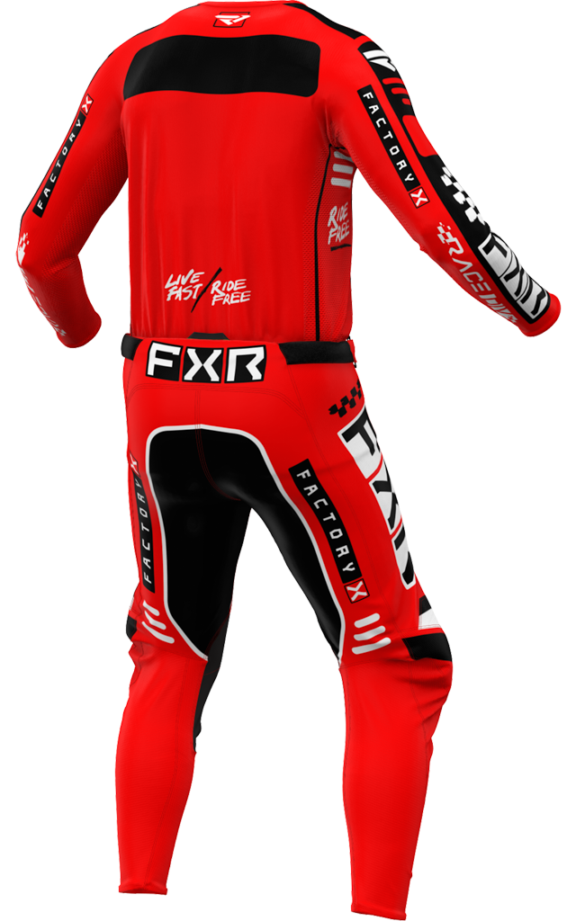 A 3D image of FXR's Podium Gladiator MX Jersey and Pant in Red/Blackc olorway