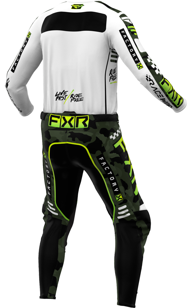 A 3D image of FXR's Podium Gladiator MX Jersey and Pant in White/Camo colorway