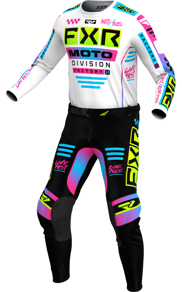 A 3D image of FXR's Podium Gladiator MX Jersey and Pant in White/Candy colorway