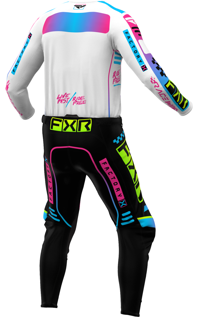 A 3D image of FXR's Podium Gladiator MX Jersey and Pant in White/Candy colorway