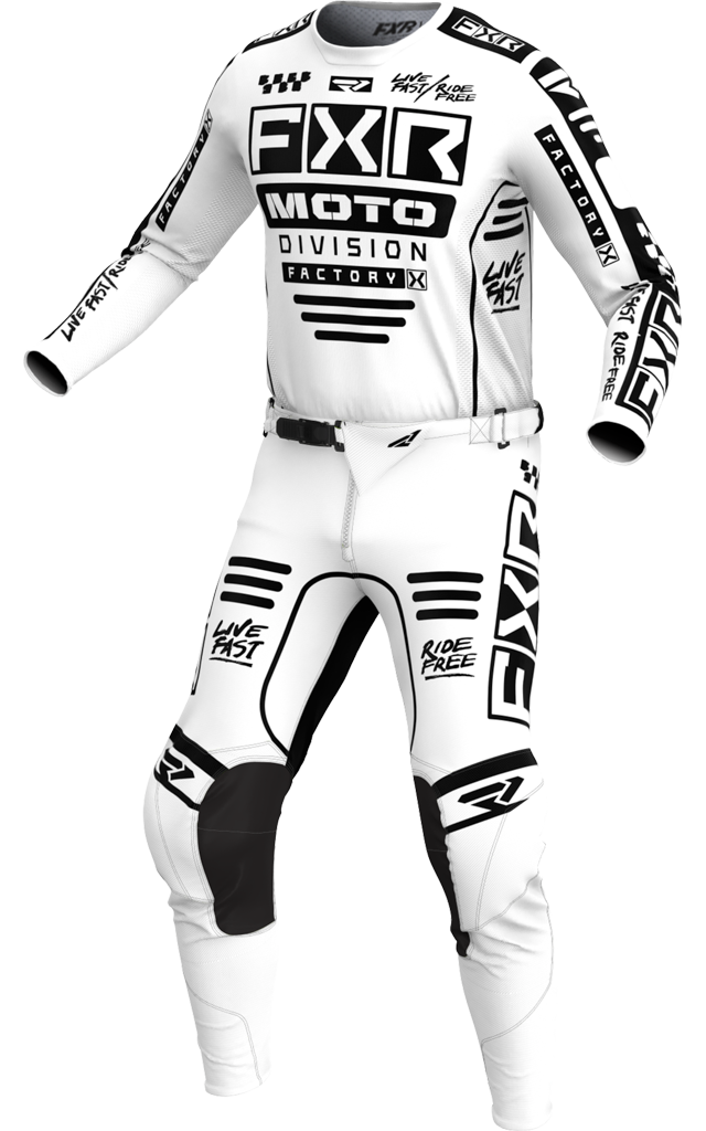 A 3D image of FXR's Podium Gladiator MX Jersey and Pant in White/Blackcolorway