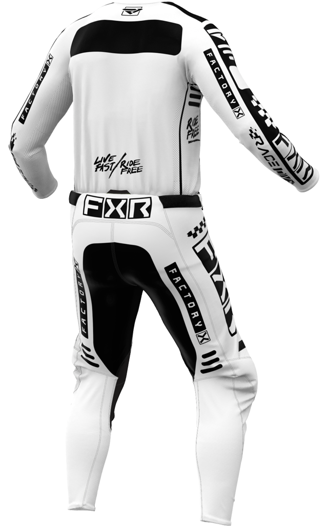 A 3D image of FXR's Podium Gladiator MX Jersey and Pant in White/Blackcolorway
