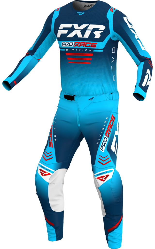 A 3D image of FXR's Revo MX Jersey and Pant in Arctic colorway