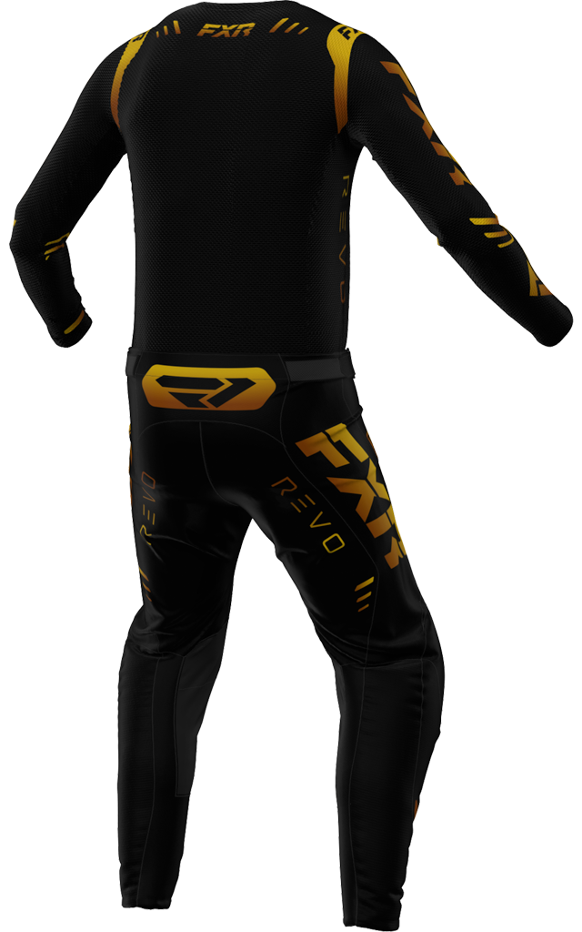 A 3D image of FXR's Revo MX Jersey and Pant in Black Gold colorway