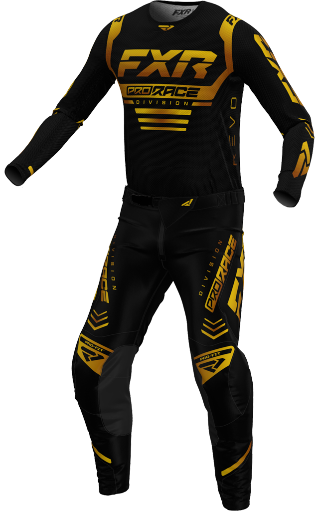 A 3D image of FXR's Revo MX Jersey and Pant in Black Gold colorway