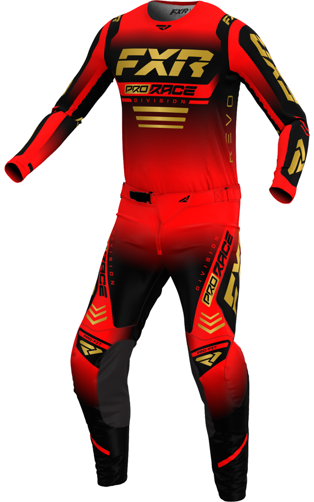 A 3D image of FXR's Revo MX Jersey and Pant in Crimson colorway