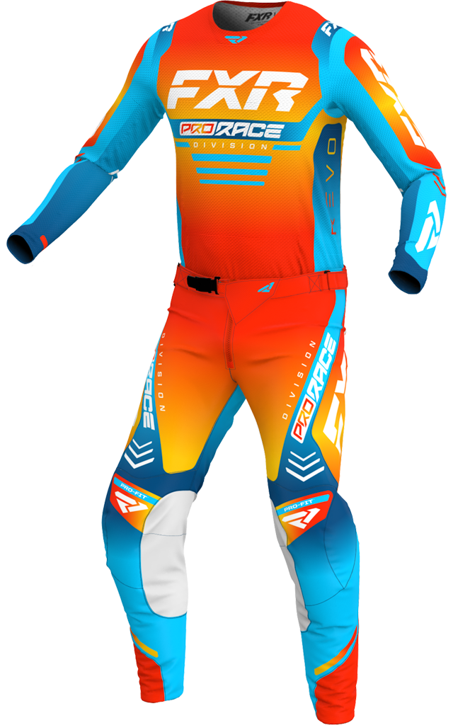 A 3D image of FXR's Revo MX Jersey and Pant in Sunrise colorway