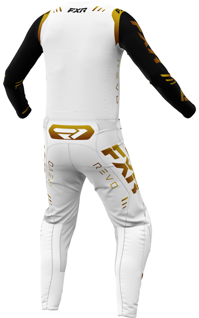 A 3D image of FXR's Revo MX Jersey and Pant in Gold colorway