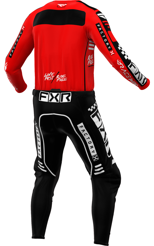 A 3D image of FXR's Nuoriso Podium Gladiator MX Jersey and Pant in Red/Blackc olorway