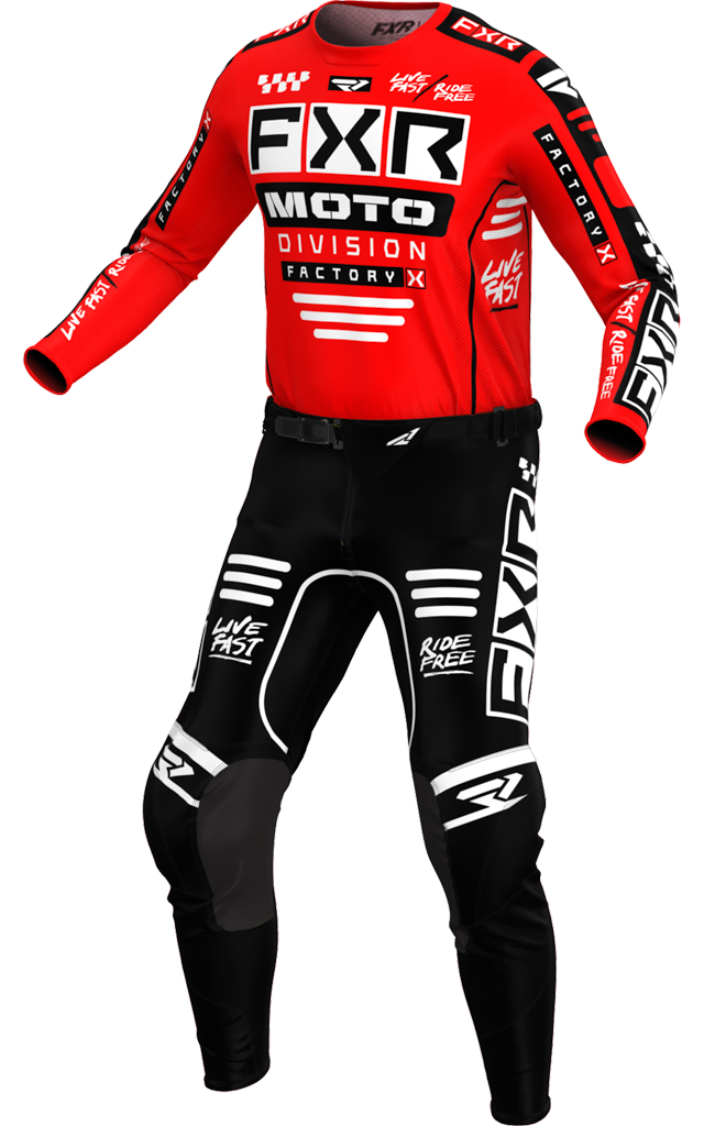 A 3D image of FXR's Ungdom Podium Gladiator MX Jersey and Pant in Red/Black colorway